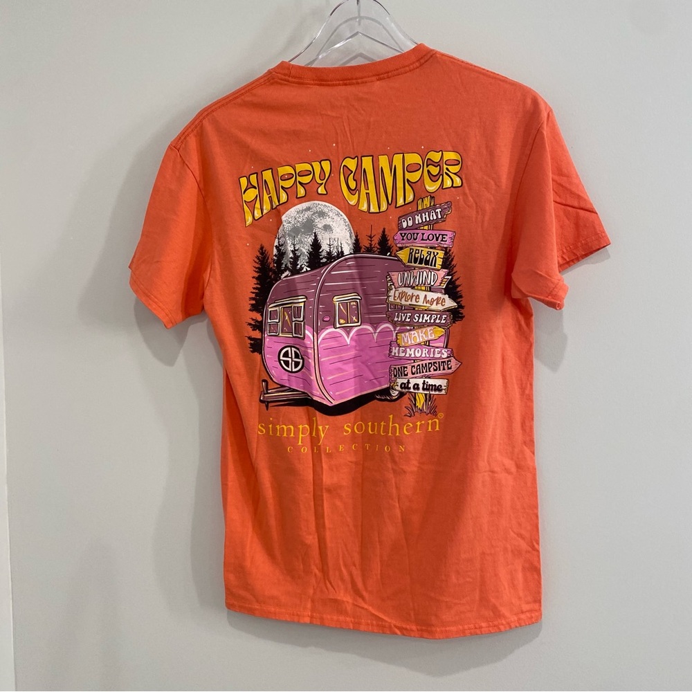Simply Southern Short Sleeve Happy Camper Orange Tee Shirt Womens M